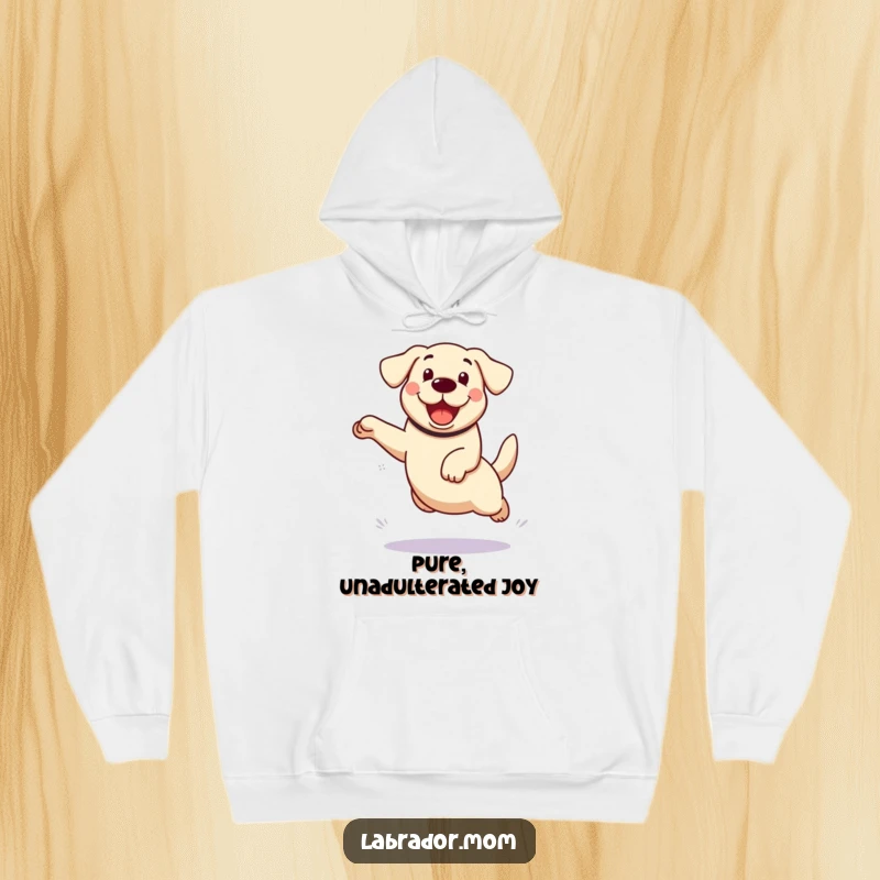 Funny kawaii Labrador dog hoodie, featuring an energetic leap with joyful expression, designed for maximum comfort and humor.