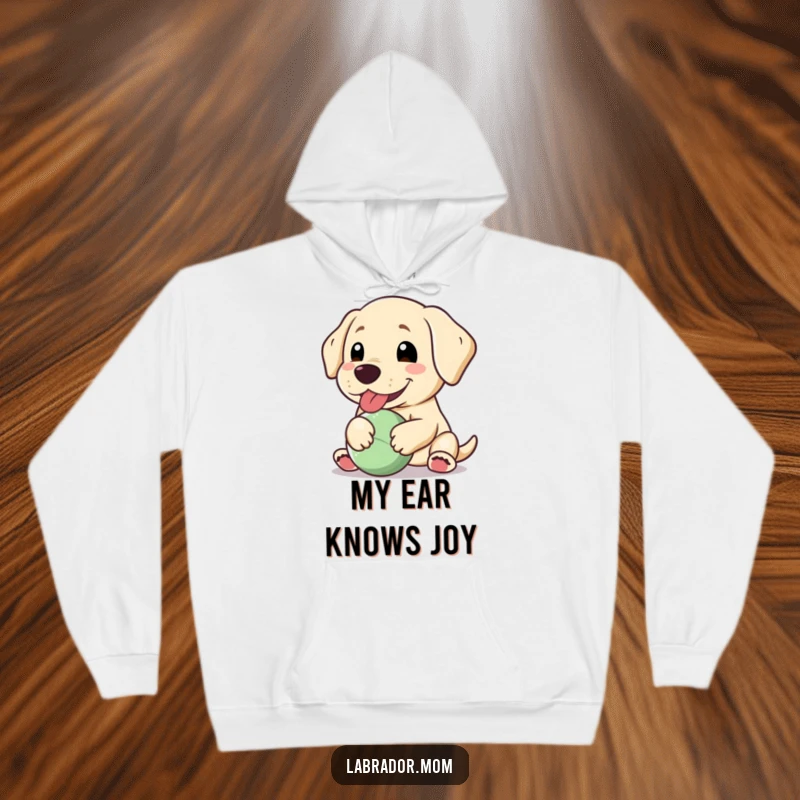 Funny Kawaii Labrador hoodie, a happy dog panting with a floppy ear, holding a ball, offering warmth and cheer.