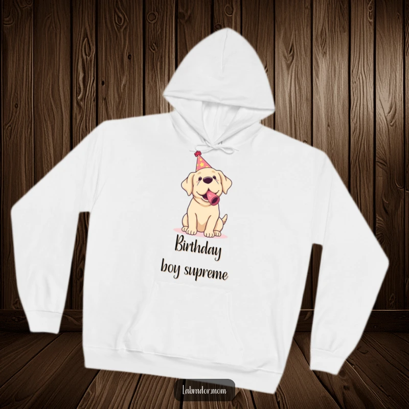Funny Kawaii Labrador Hoodie showing a cute dog in party gear, ready to celebrate with maximum humor.