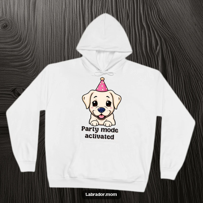 Funny Kawaii labrador character in a silly party hat, looking ecstatic and ready for a celebration on this warm, humorous hoodie.