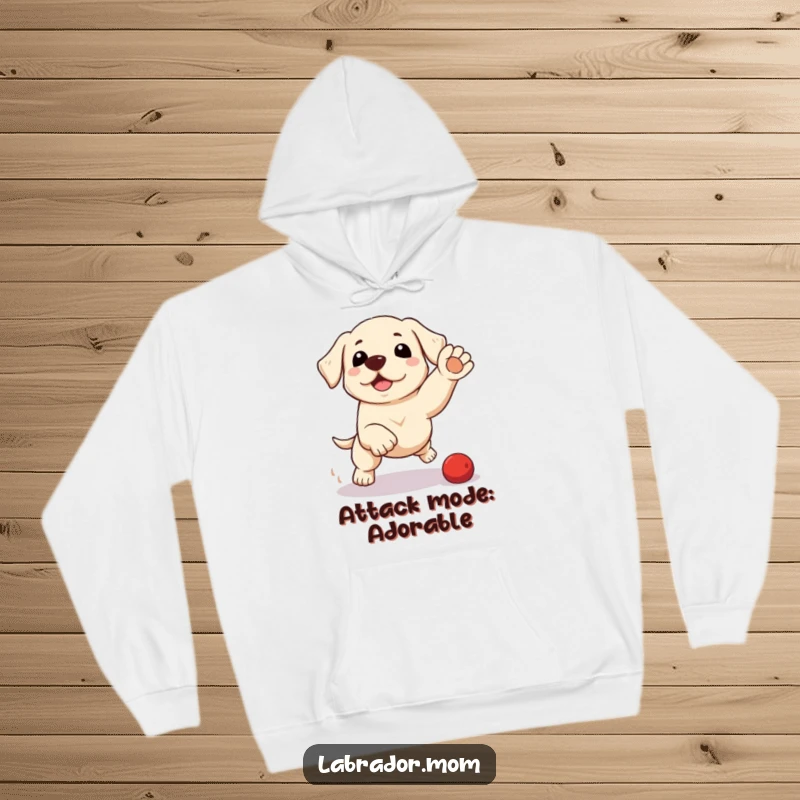 Funny kawaii Labrador hoodie showing a cute pup in a playful pounce, offering cozy comfort and humorous dog-themed style.