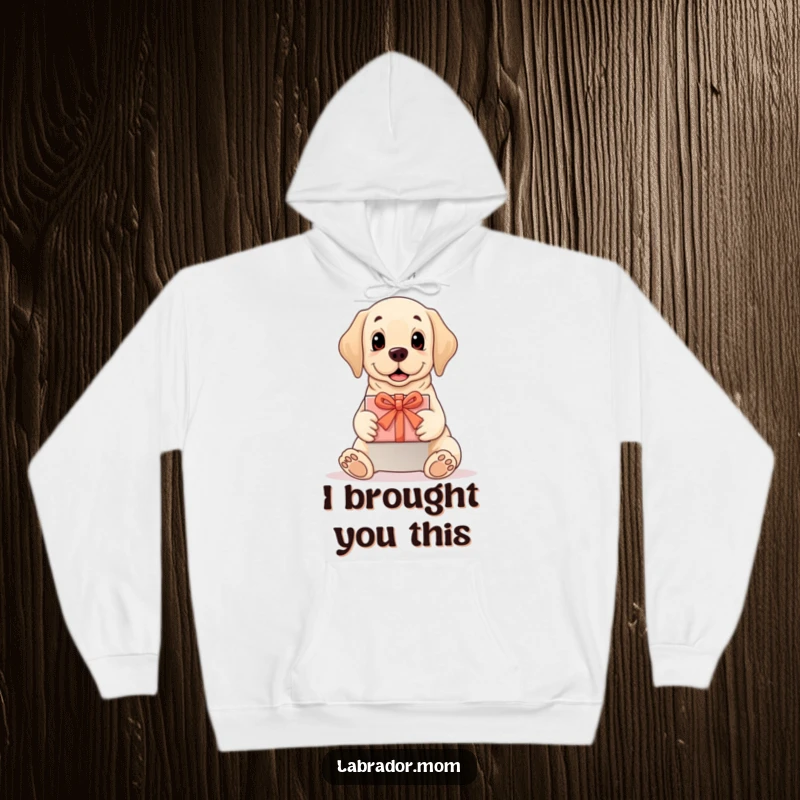 Funny Labrador hoodie showing a dog presenting a perfectly wrapped gift, cozy and heartwarming, a perfect funny gift.