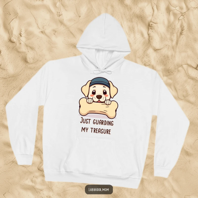 Funny Kawaii Labrador hoodie with a cute dog peeking from behind a huge bone, offering warmth and humor.