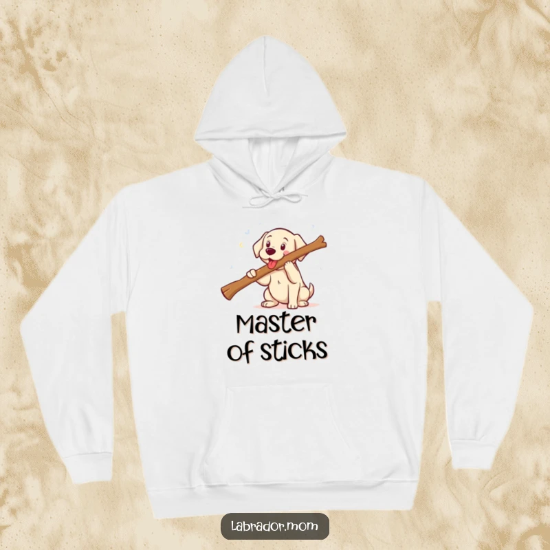 Funny kawaii Labrador with a huge smile fetching a comically large stick, a warm and humorous hoodie for dog lovers.