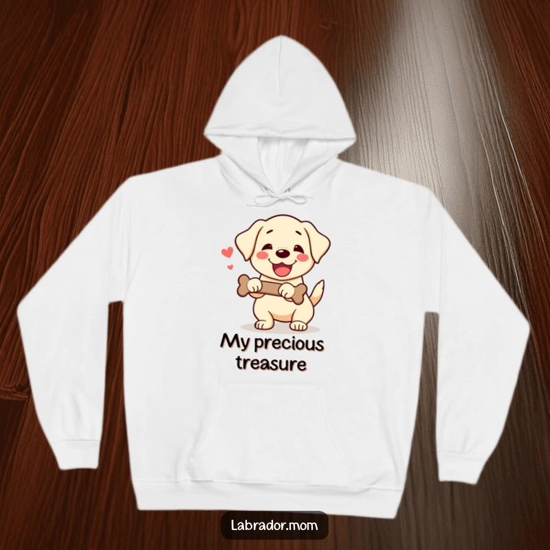 Funny Kawaii Labrador Hoodie showing a happy dog with a wagging tail holding a bone, offering cozy cheer.