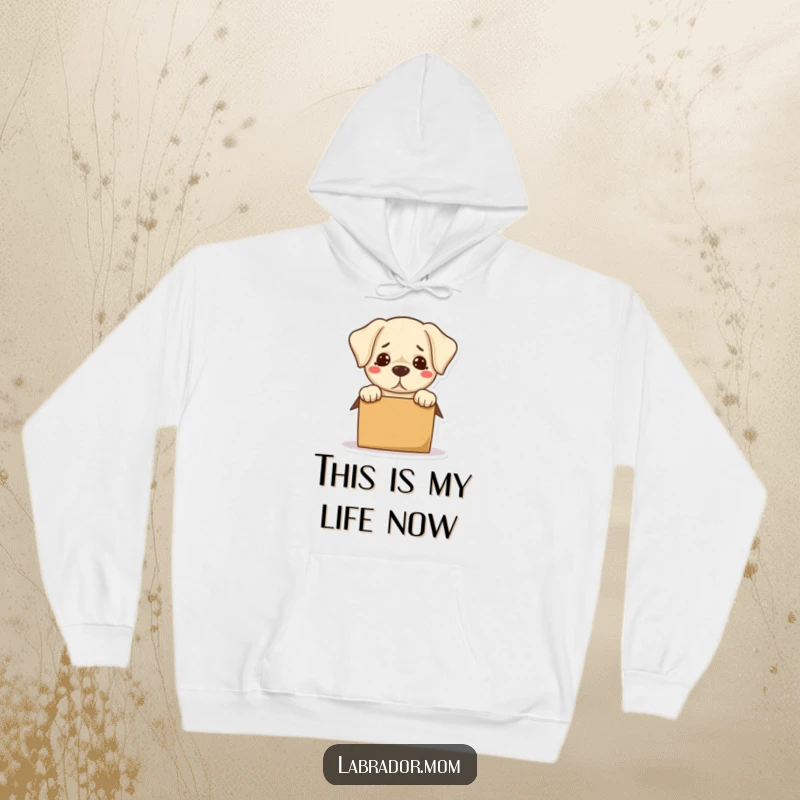 Funny Kawaii Labrador Hoodie showing a bewildered dog hilariously trying to fit into a small box, offering cozy laughs.
