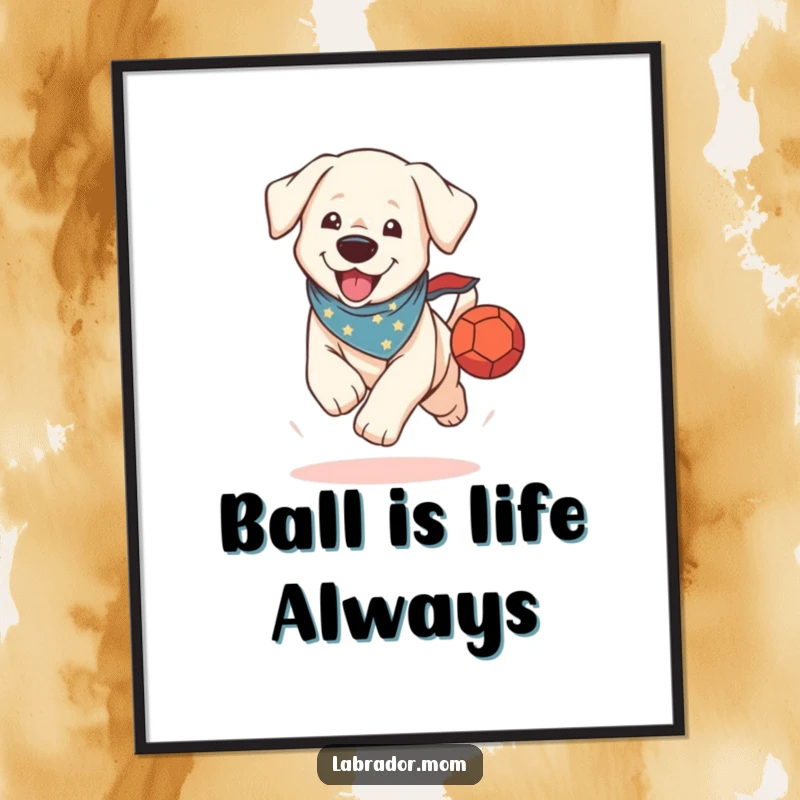 Funny free printable wall art: A joyful kawaii labrador in a bandana excitedly runs with a fetched ball.