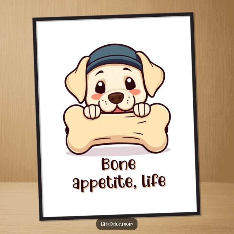 Funny free printable wall art of a kawaii labrador peeking from behind a ridiculously large bone.
