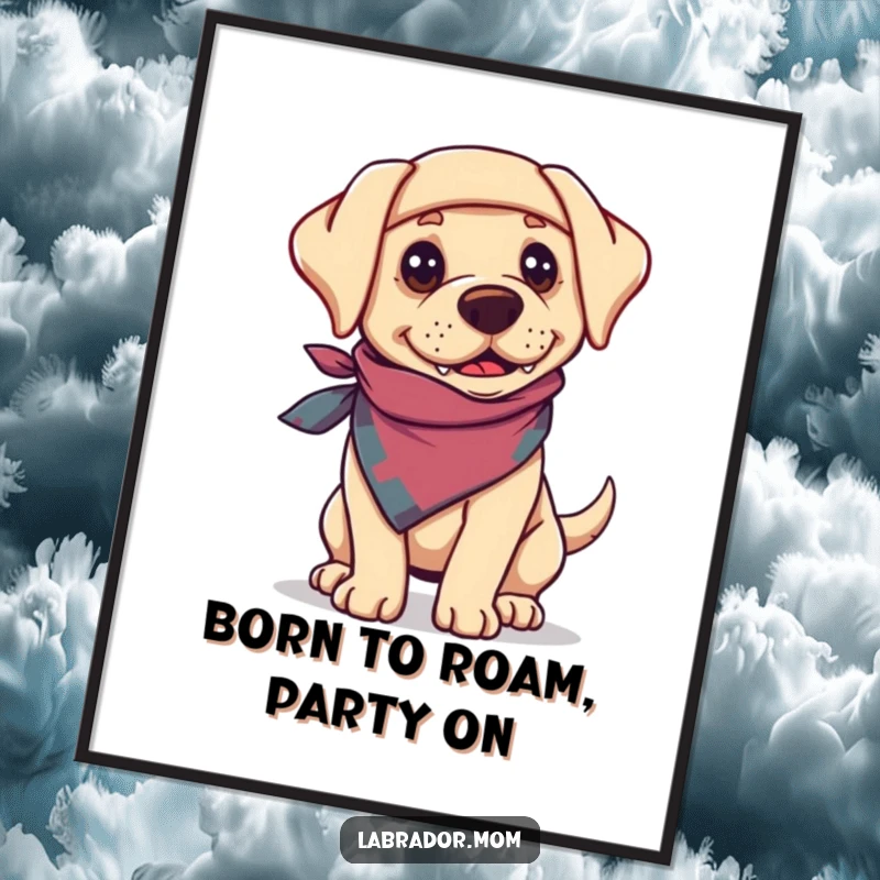 Funny Free Printable Wall Art of a bandana-clad Labrador with an adventurous gaze, ready for a journey. Downloadable art.