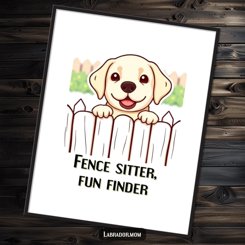 Funny Free Printable Wall Art: An adorable kawaii labrador peeks over a fence with a playful, curious expression, full of mischief.