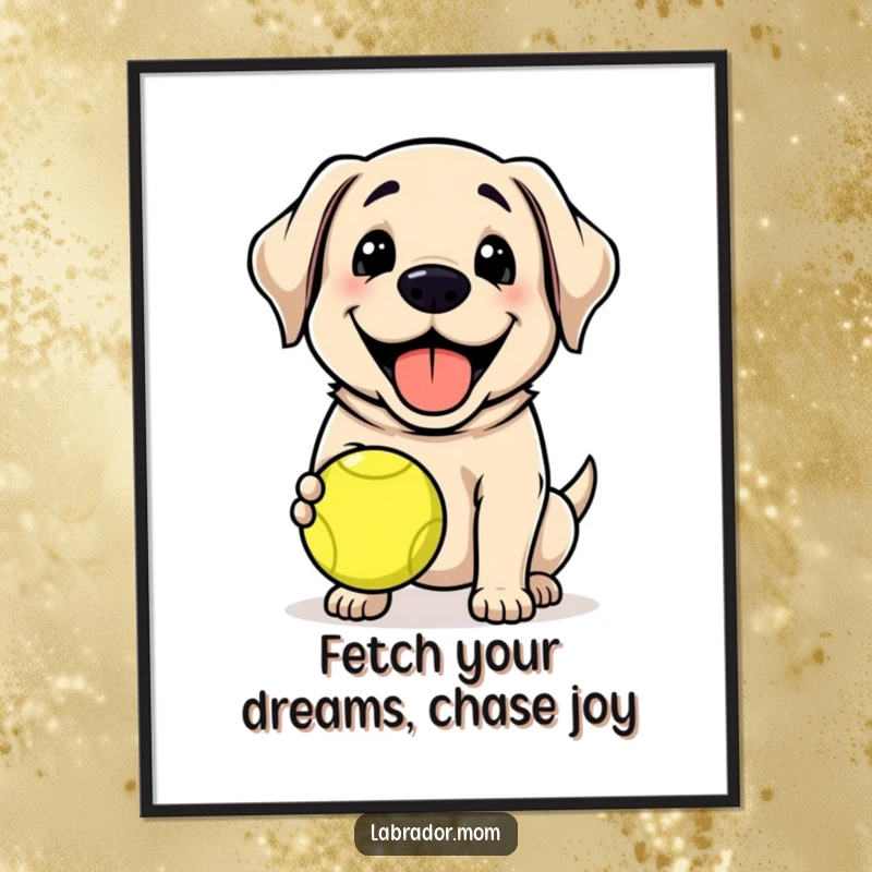 Funny Free Printable Happy Lab Wall Art: Kawaii labrador with a huge, infectious grin holds a tennis ball.