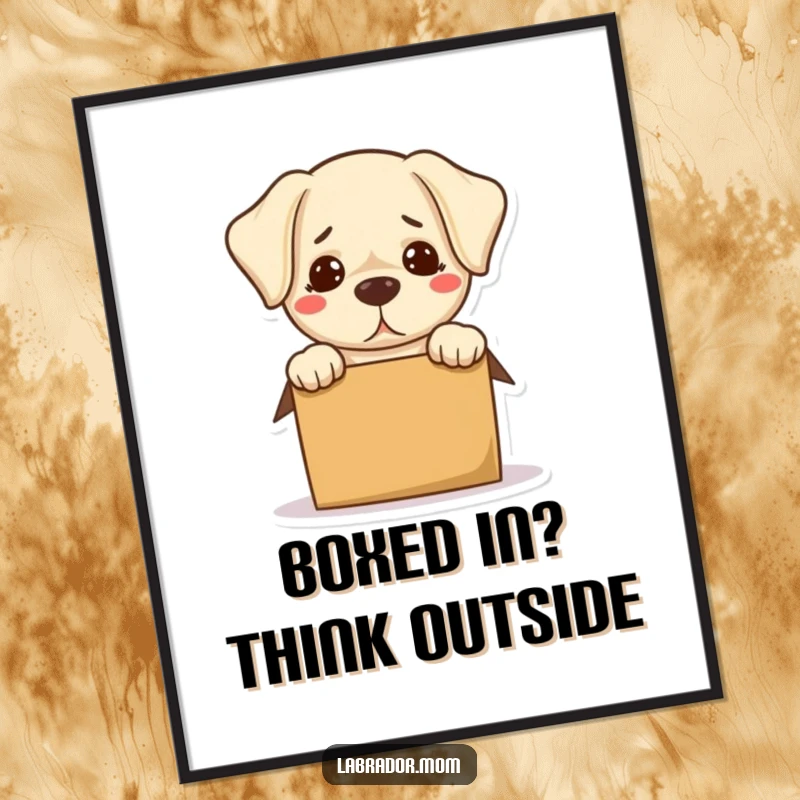 Funny Free Printable wall art of a bewildered kawaii labrador hilariously attempting to fit into a tiny box, showcasing comedic spatial confusion.