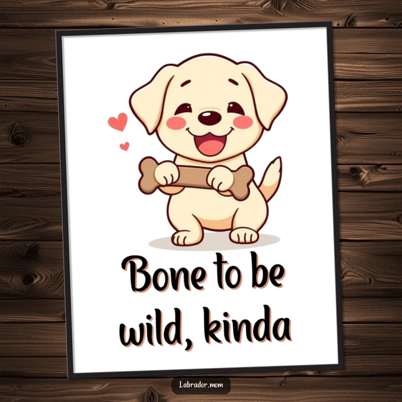Funny Free Printable wall art of a kawaii labrador wagging its tail with sheer excitement while holding a bone, radiating pure canine bliss.