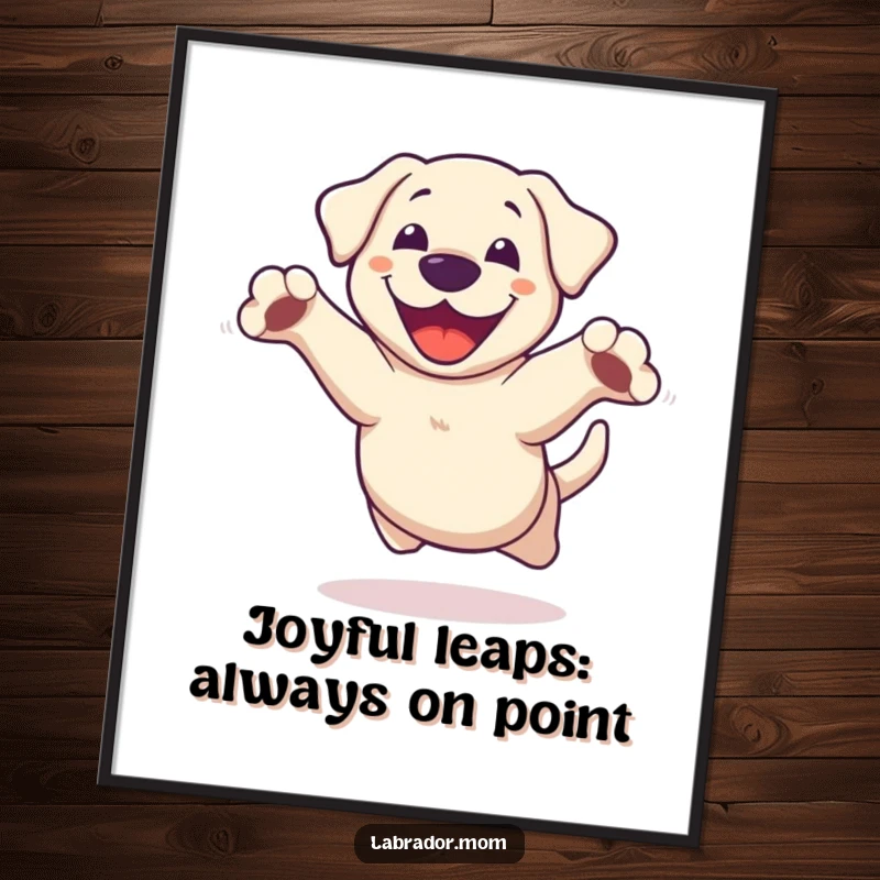 Funny Free Printable Wall Art: Kawaii Labrador capturing a joyful leap, paws outstretched, radiating happiness.