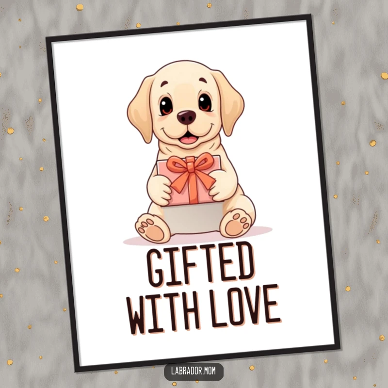Funny Free Printable Wall Art: A gentle Labrador dog presenting a perfectly wrapped gift, radiating kindness and a celebratory spirit.