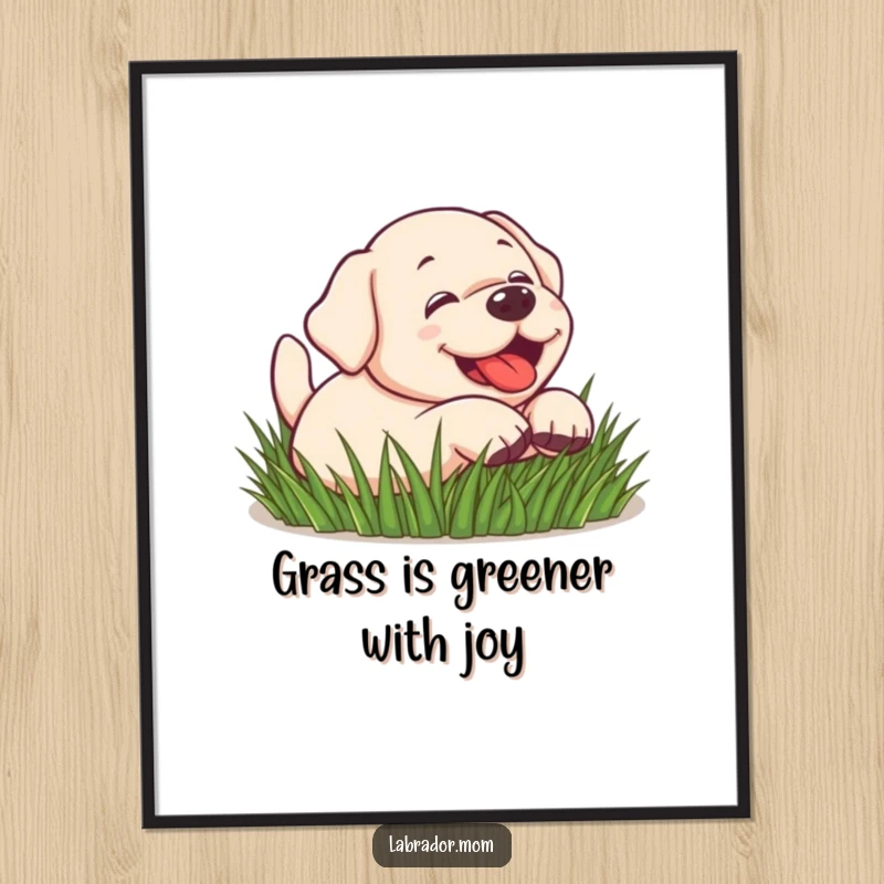 Funny Free Printable Playful Lab Wall Art: Kawaii labrador caught mid-roll in vibrant green grass, radiating pure bliss.