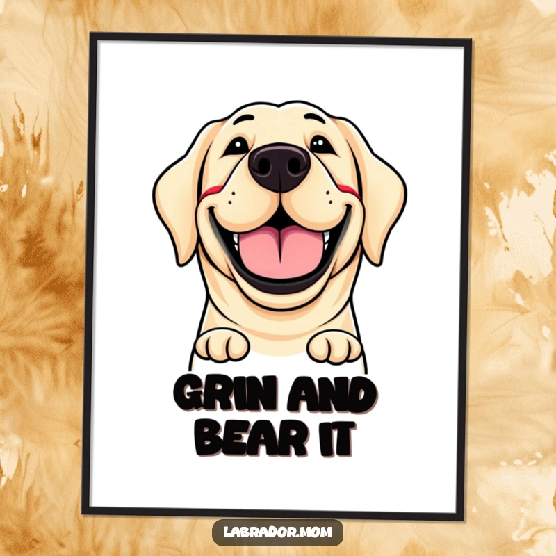 Funny Free Printable Wall Art: A cheerful Labrador with an exceptionally wide, happy grin looking directly at you. Whimsical dog portrait.