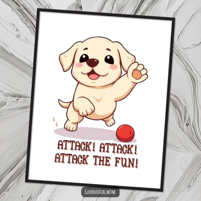 Funny free printable wall art of a kawaii labrador in a playful pounce, full of energy and adorable charm.