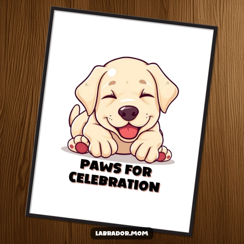 Funny free printable wall art: a cute kawaii Labrador puppy in mid-tumble, legs akimbo, radiating pure, uncontainable joy.