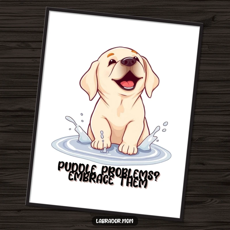 Funny Free Printable Wall Art: A Labrador joyfully splashing water everywhere while playing in a big puddle. Whimsical pet art.