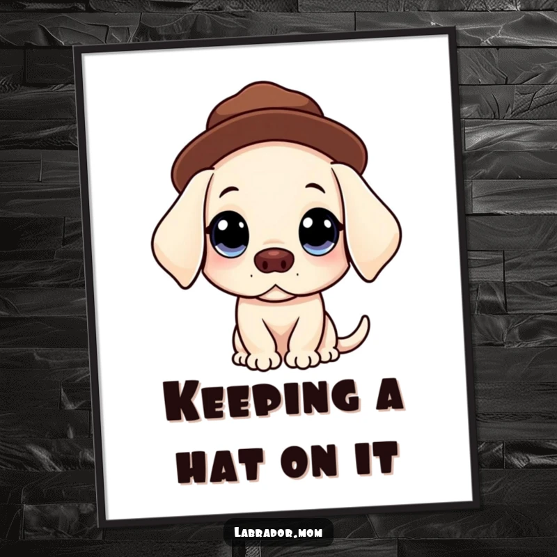 Funny Free Printable Wall Art: A Kawaii Labrador with large, innocent eyes perfectly balances a hat on its head, creating a scene of cute, funny decor.