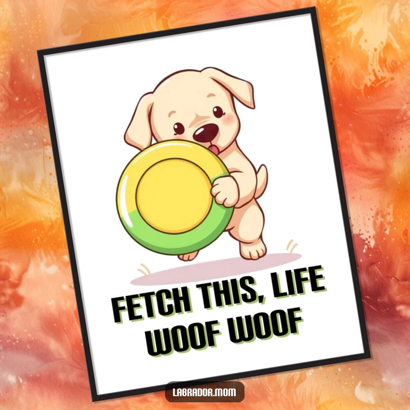 Funny free printable wall art: A cute Labrador cub leaps joyfully to catch a brightly colored Frisbee.