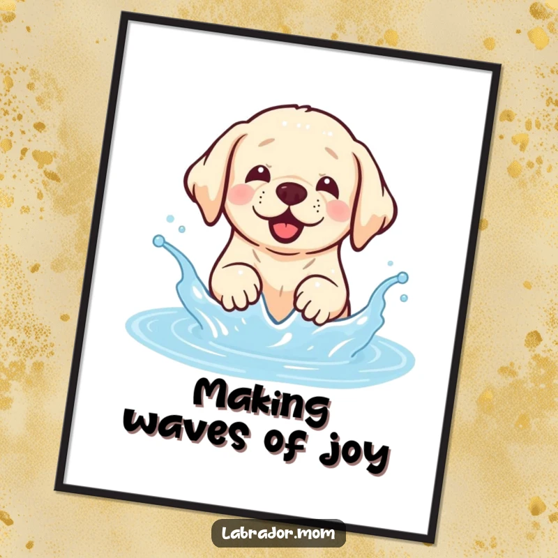 Funny Free Printable Wall Art: A cute kawaii Labrador dog gleefully splashing water with pure happiness.