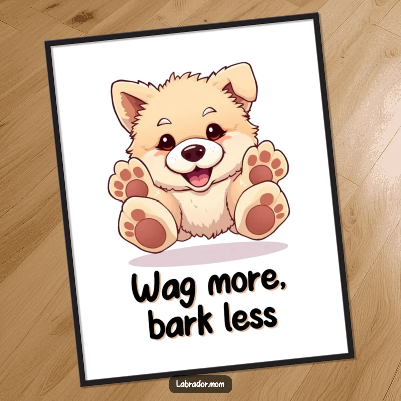 Funny Free Printable Wall Art: A fluffy dog with comically large paws playfully pouncing forward, bringing cheer.