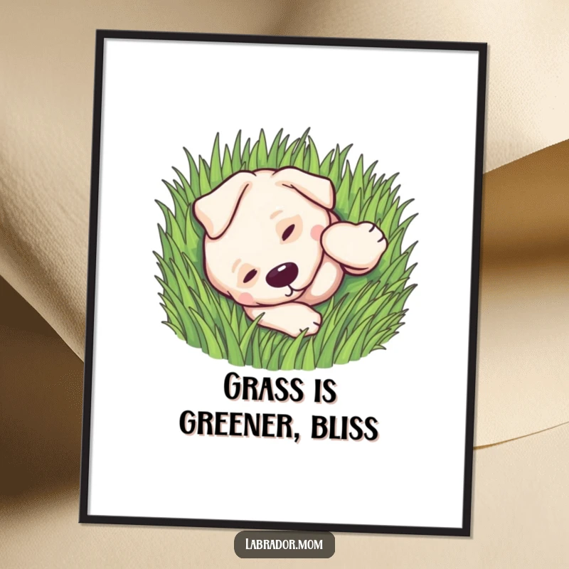 Funny Free Printable Wall Art: An adorable kawaii labrador rolls playfully in soft green grass, embodying pure, carefree happiness.