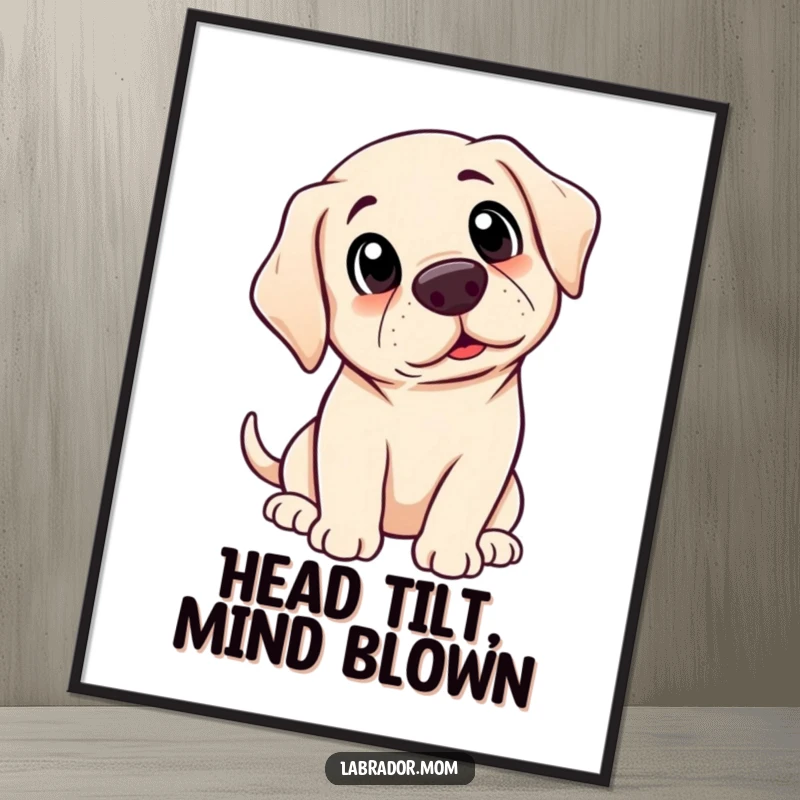 Funny free printable wall art featuring a kawaii labrador tilting its head, looking hilariously surprised and curious.