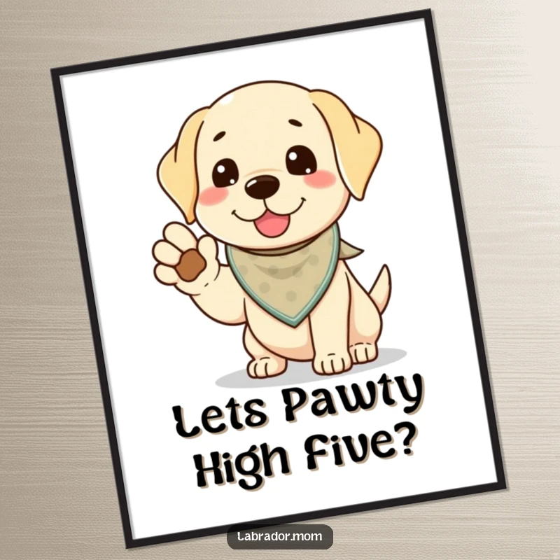 Funny Free Printable Wall Art: A bandana-clad Kawaii Labrador eagerly offers a paw for a high-five, full of playful energy.