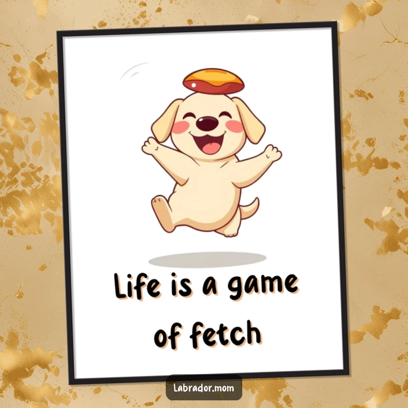 Funny Free Printable Wall Art: A grinning Labrador dog leaping to catch a frisbee mid-air.