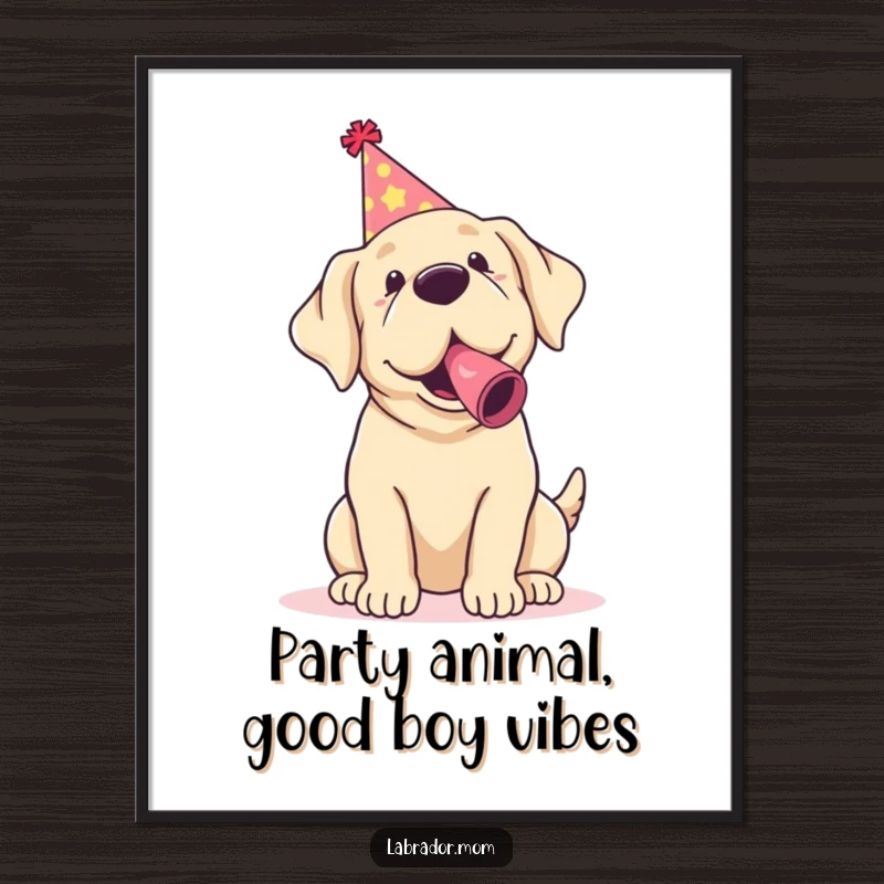 Funny Free Printable wall art of a kawaii labrador in a party hat, blowing a noisemaker, radiating pure, unadulterated party happiness.