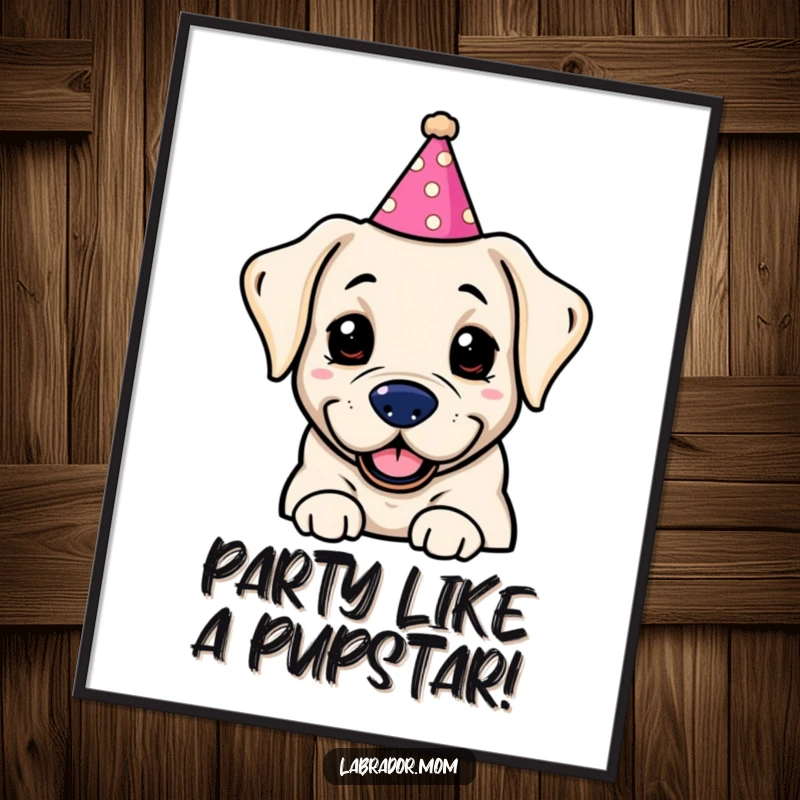 Funny Free Printable Wall Art: A kawaii labrador wearing a hilariously oversized and silly party hat, beaming with joy.