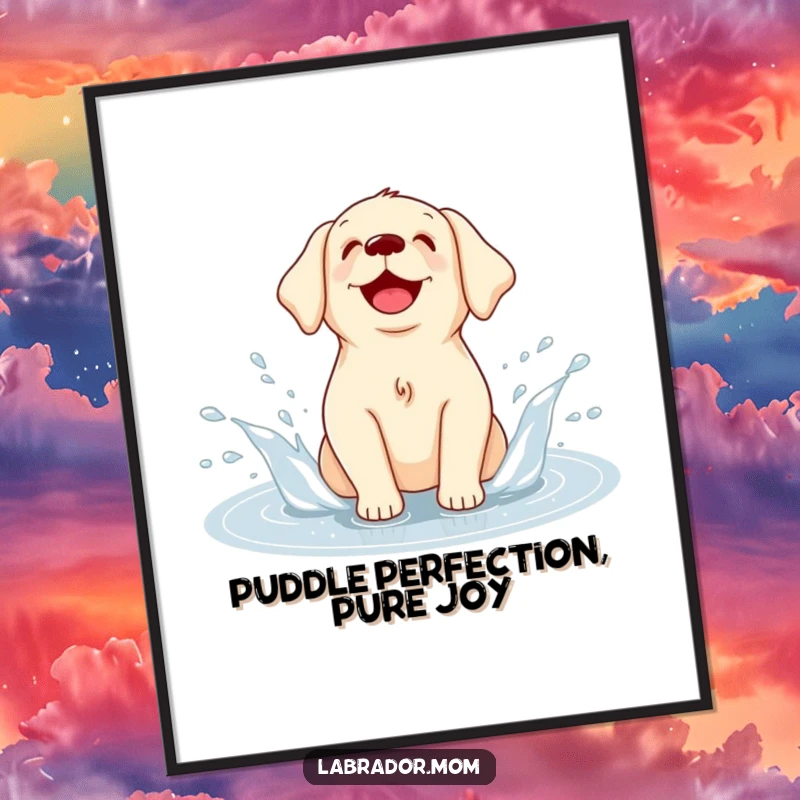 Funny Free Printable Labrador Wall Art: Kawaii dog gleefully splashing in a puddle, creating cheerful decor.