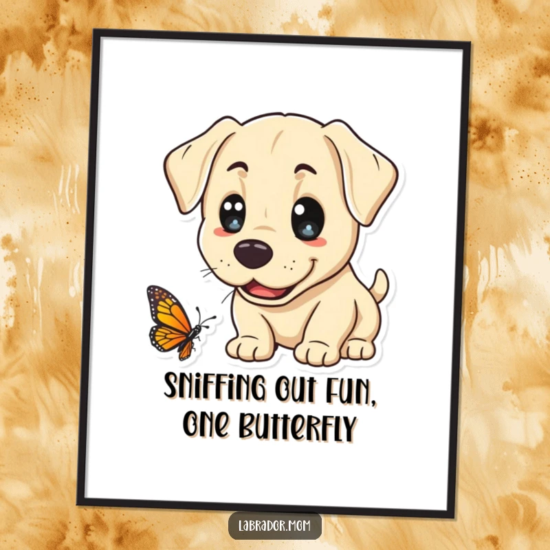 Funny Free Printable Wall Art: Kawaii Labrador’s wide-eyed curiosity focused on sniffing a beautiful, bright butterfly.