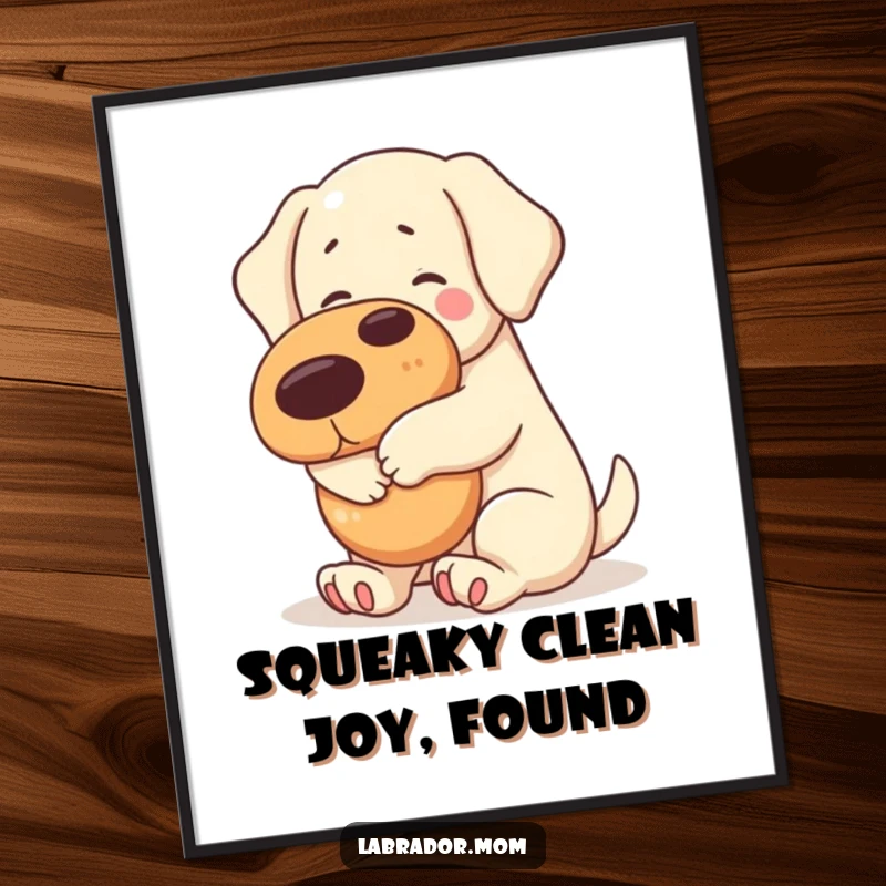 Funny Free Printable Wall Art: A super cute kawaii labrador happily hugs a giant squeaky toy, full of playful energy.