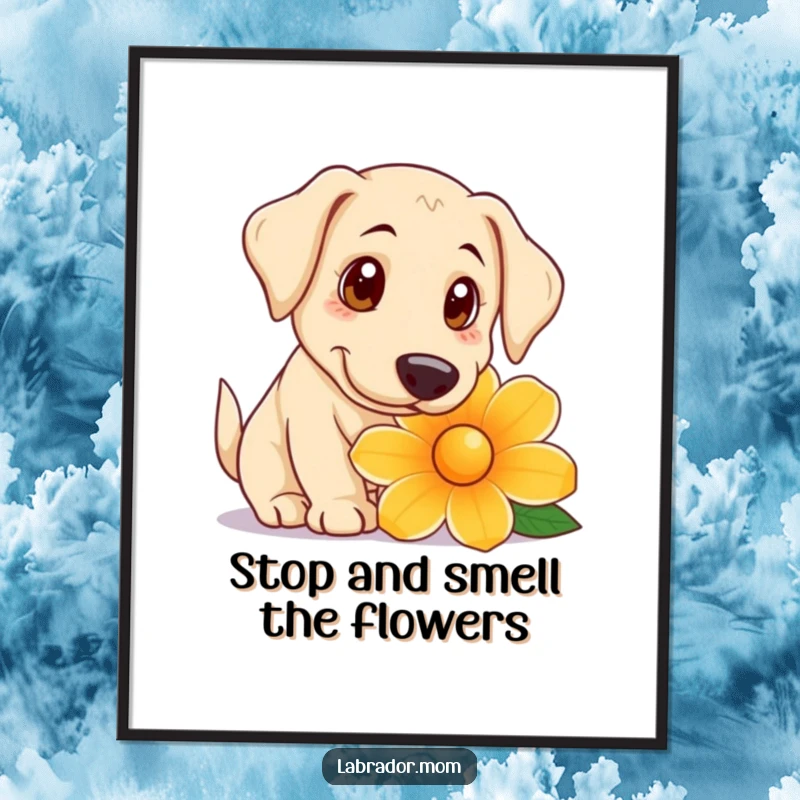 Funny Free Printable Wall Art: A playful Labrador with big, curious eyes sniffing a giant, colorful flower.