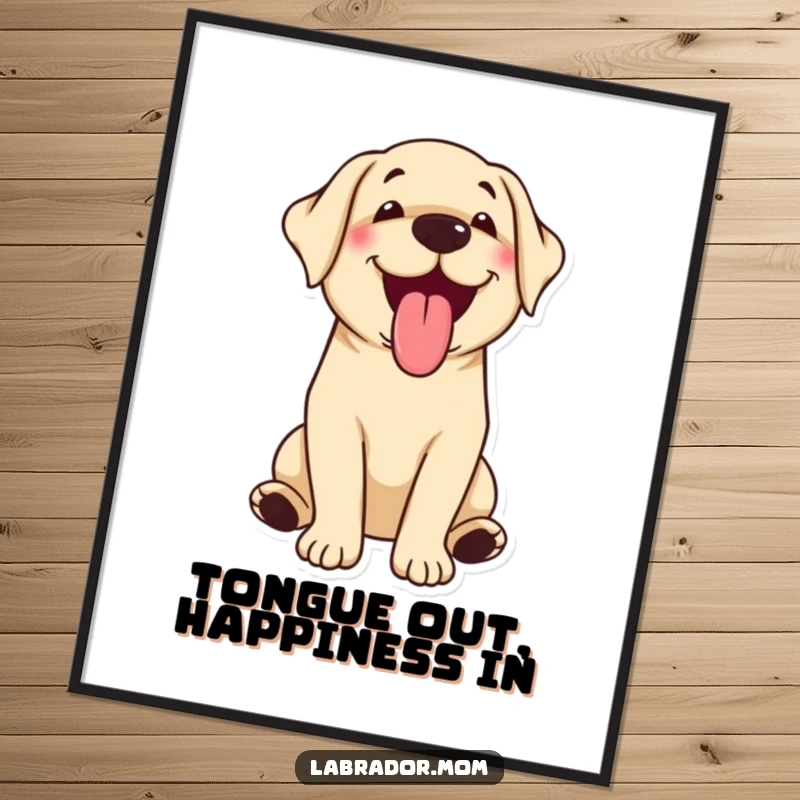 Funny Free Printable Wall Art: Adorable kawaii labrador pants happily, tongue lolling out, radiating pure, simple joy.