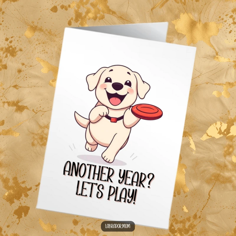 Funny Free Printable Labrador Birthday Card: Happy Kawaii dog leaping for a frisbee, perfect for a laugh.
