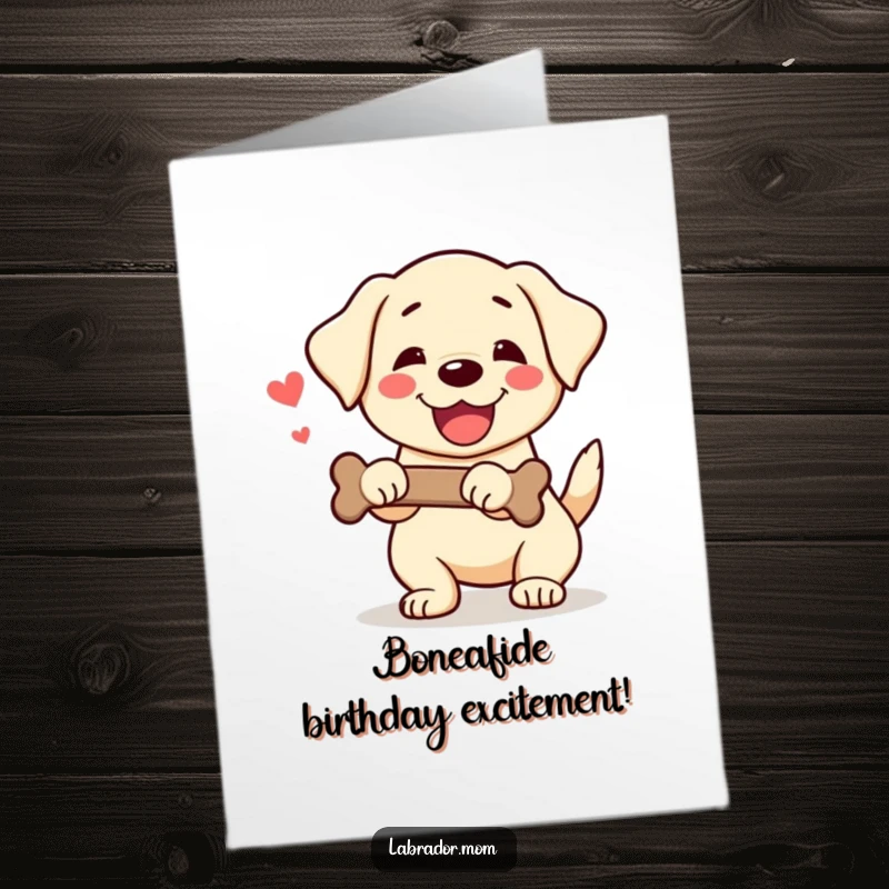 Funny Free Printable birthday card featuring a kawaii labrador ecstatically wagging its tail while proudly holding a delicious bone, ready for fun.