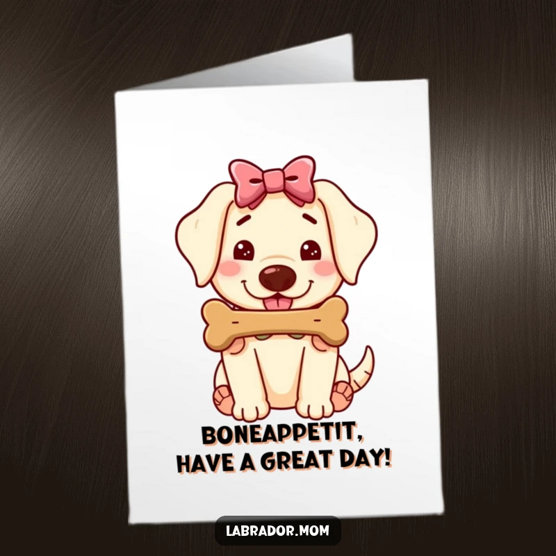 Funny Free Printable Birthday Card: Kawaii Labrador wearing a bow, presenting a juicy bone with a sweet, friendly expression.