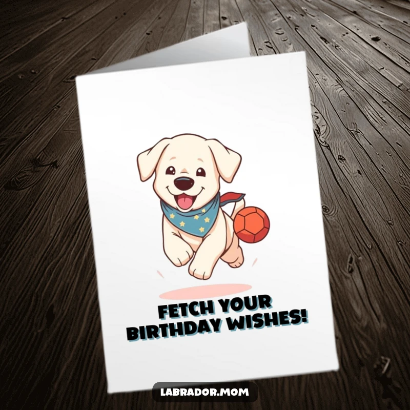Funny free printable birthday card: Excited kawaii labrador in a bandana runs fast with a ball, ready to play fetch.