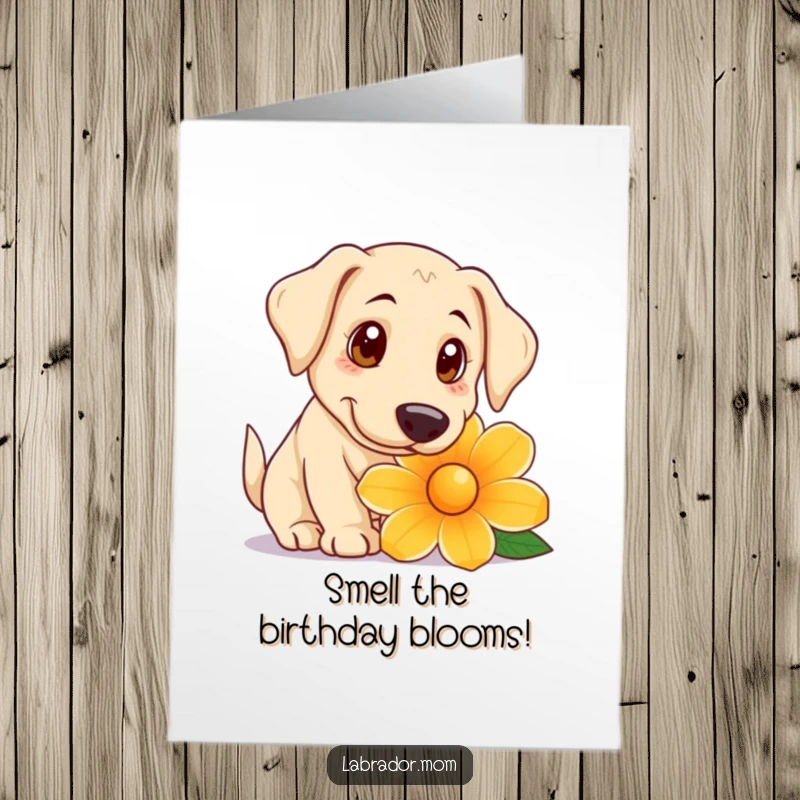 Funny Free Printable Birthday Card: Playful Labrador with big curious eyes sniffing a giant colorful flower.