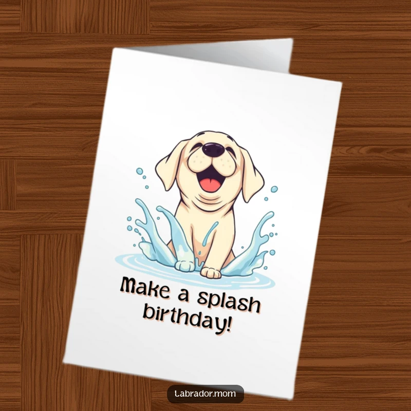Funny Free Printable Birthday Card: A joyful Labrador dog happily splashing water with abandon.