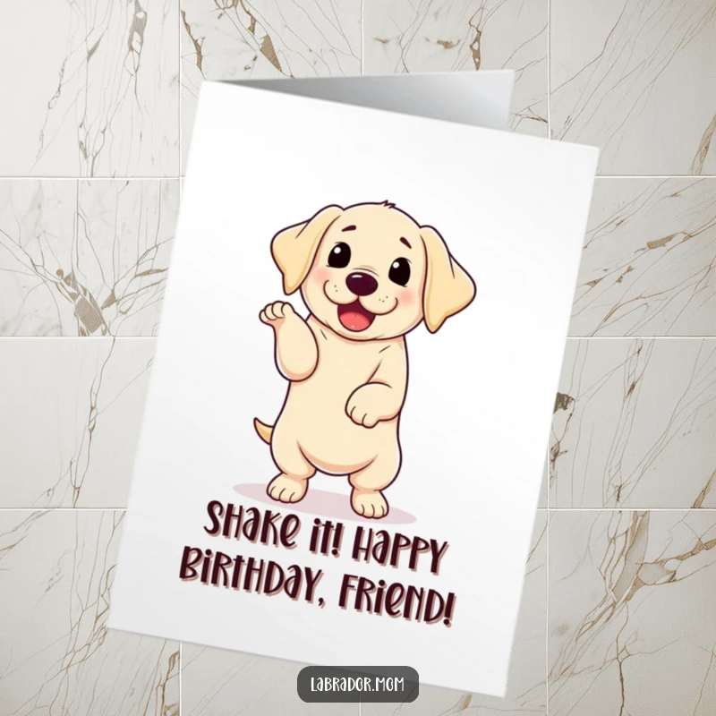 Funny free printable birthday card: a cute kawaii Labrador puppy with floppy ears doing a joyful, energetic happy dance.