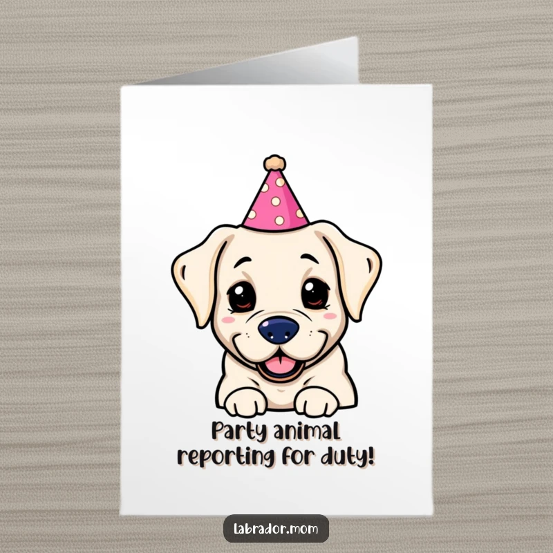 Funny Free Printable Birthday Card: Kawaii labrador sporting a comically oversized, silly party hat, ready to celebrate.