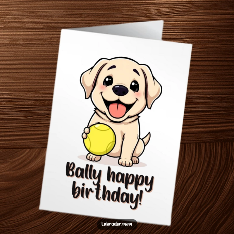 Funny Free Printable Happy Lab Birthday Card: Kawaii labrador with huge grin holds a tennis ball, ready to play.