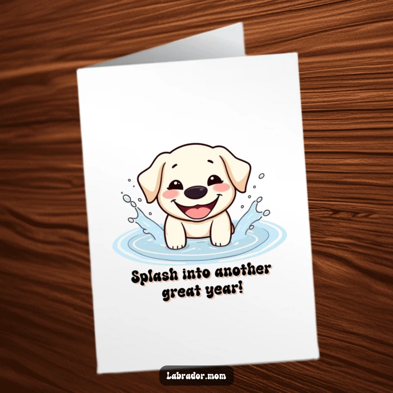 Funny Free Printable Birthday Card: A cute Kawaii Labrador with a huge smile joyfully splashes in a water puddle, radiating pure happiness.