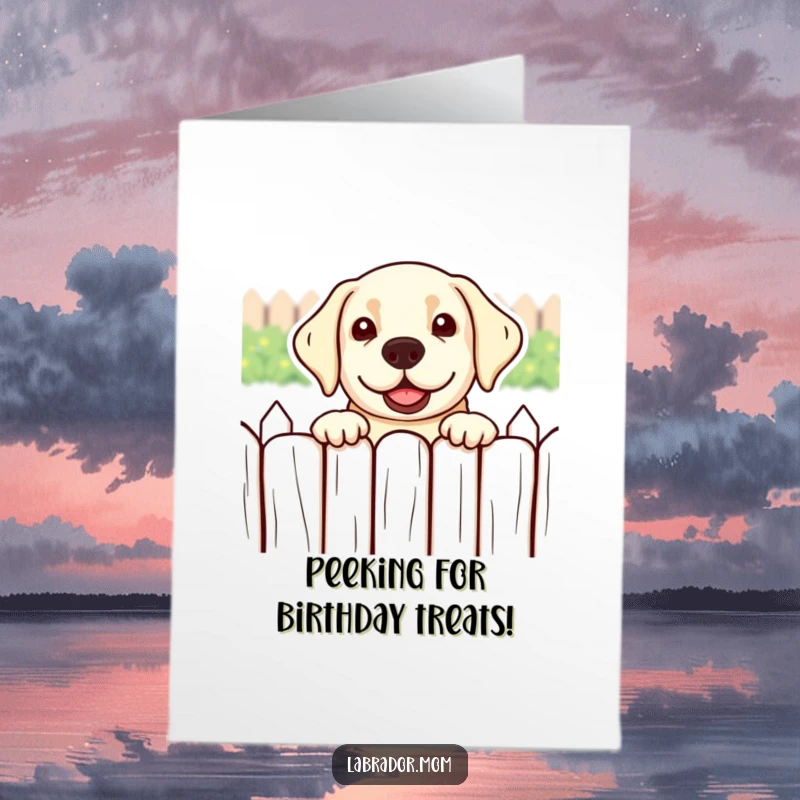 Funny Free Printable Birthday Card: Cute kawaii labrador peeks playfully over a fence, ready to surprise with birthday wishes.